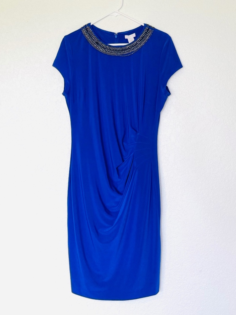 Cache Cocktail Dress XL Royal Blue Chain Trim Round Neckline Ruched Y2K 90s